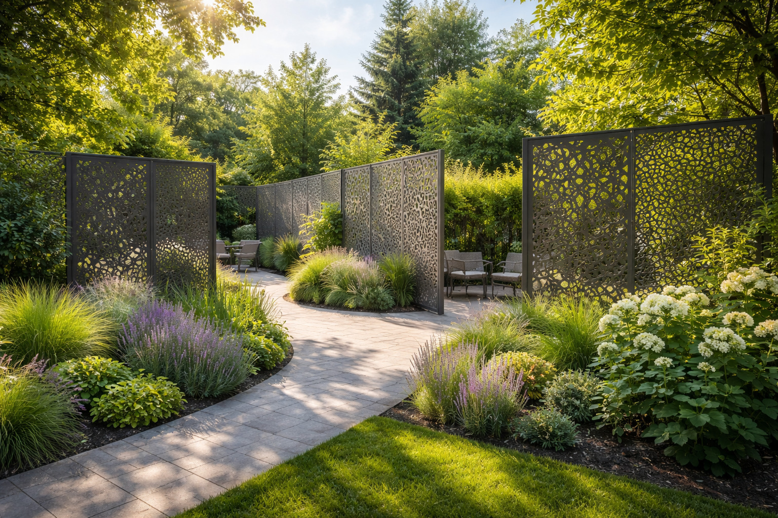 Cum sunt utilizate panourile traforate pentru a delimita spațiile de grădină?