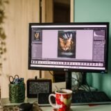 Birou de acasă cu laptop conectat la un monitor extern, căști și o lampă, pregătit pentru o zi de lucru