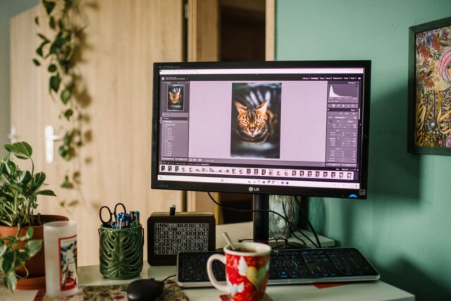 Birou de acasă cu laptop conectat la un monitor extern, căști și o lampă, pregătit pentru o zi de lucru